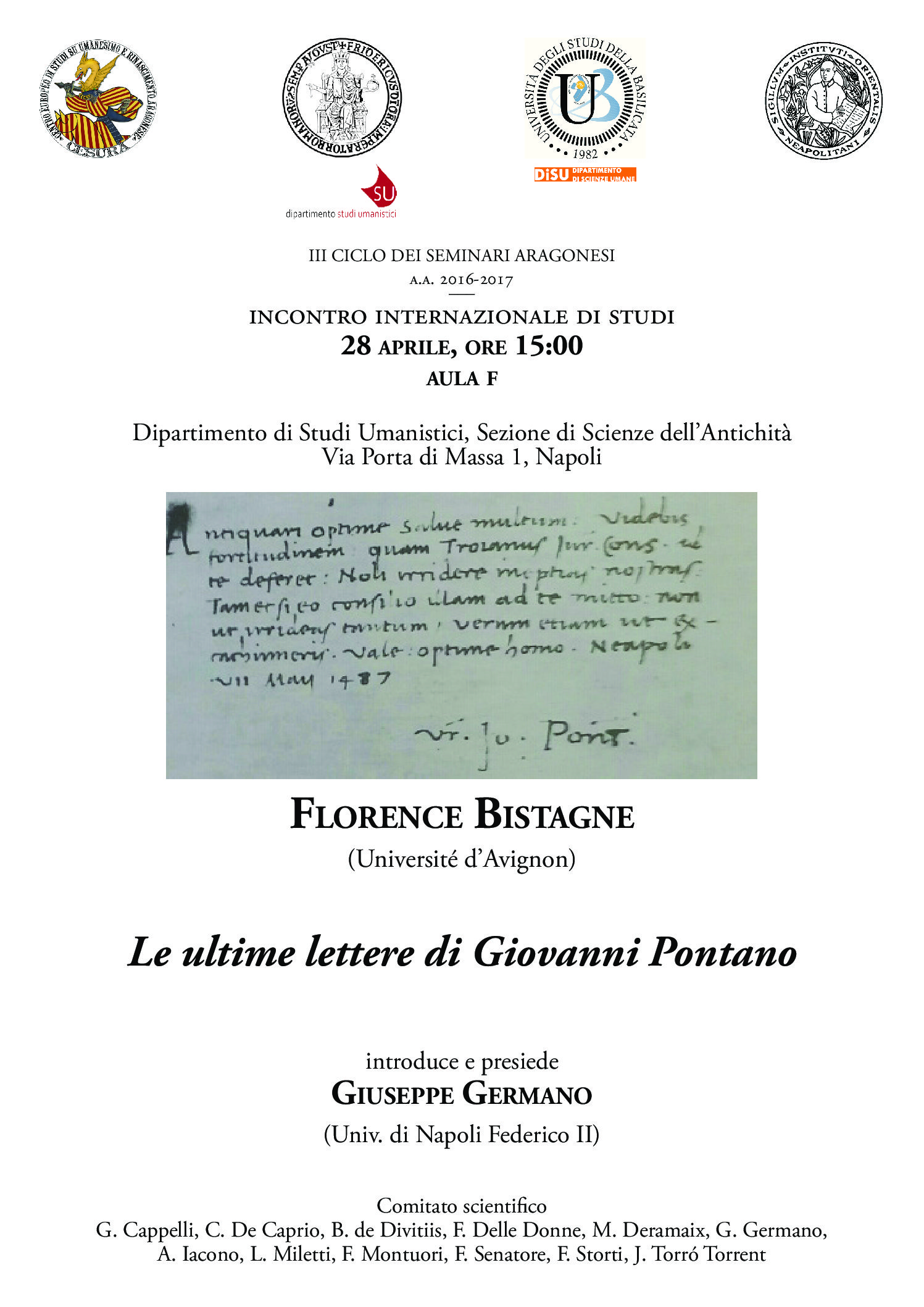 Seminario - Conference: Florence Bistagne (Université d’Avignon), Le ultime lettere di Giovanni Pontano