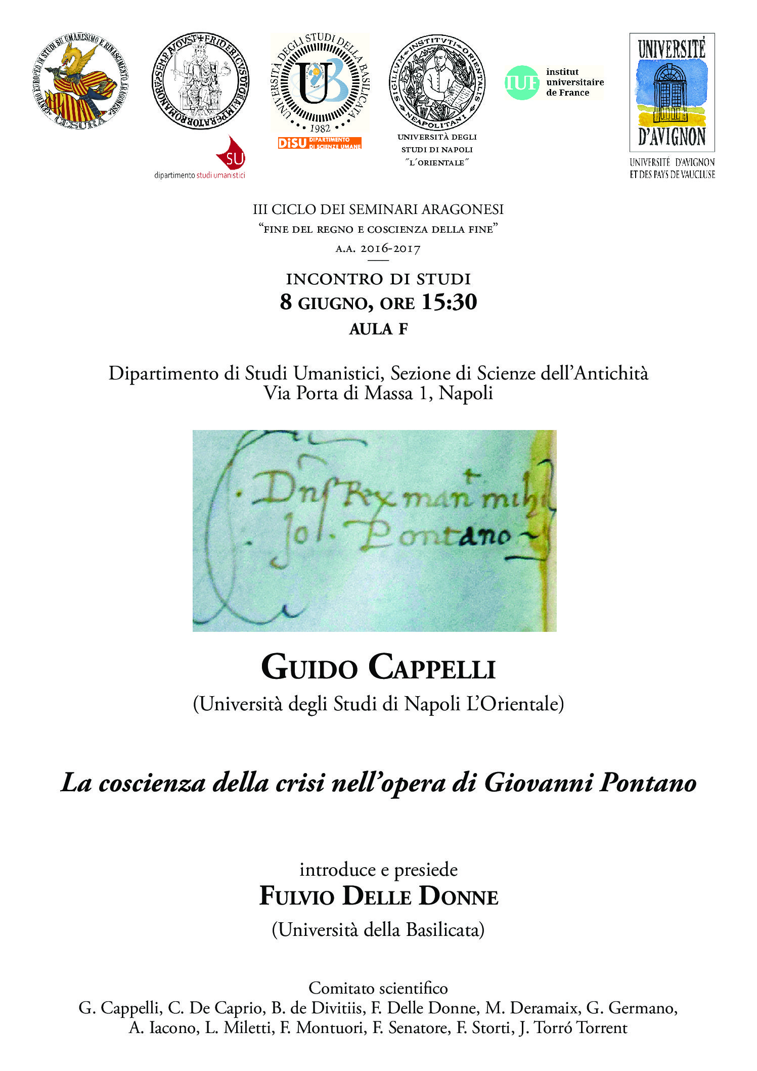 Seminario - Conference: Guido Cappelli (Univ. Orientale Napoli), La coscienza della crisi nell’opera di Giovanni Pontano